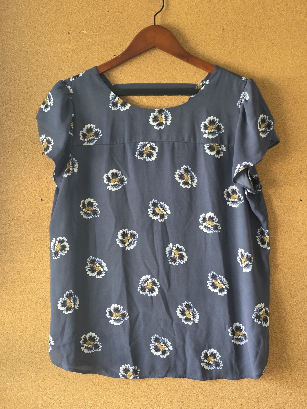 LOFT Floral Short Sleeve A‑Line Dress Slate Blue White Flowers Size L